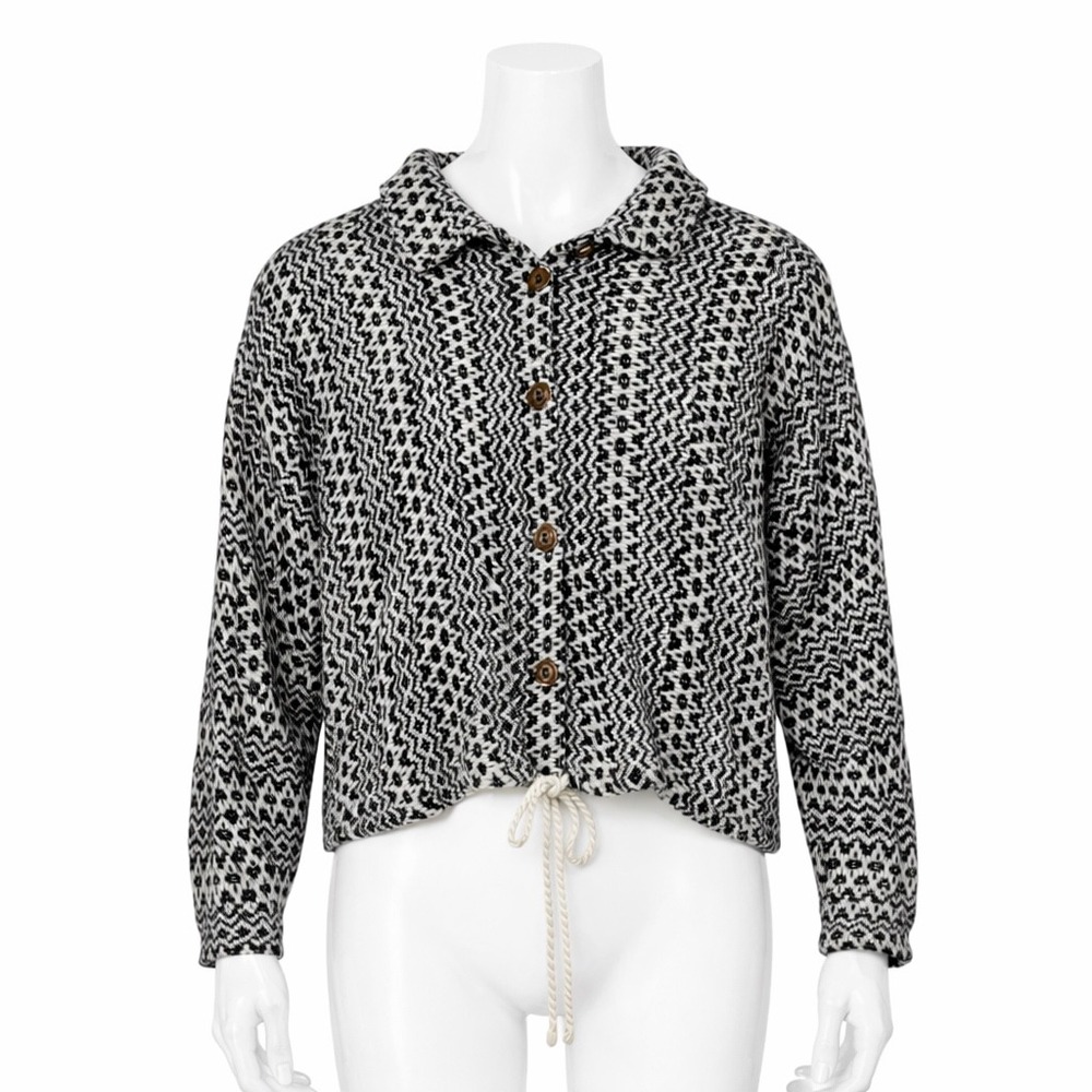 Artesanias Atahualpa Wool Jacket Women‎ OS Black White Geometric Crop Drawstring